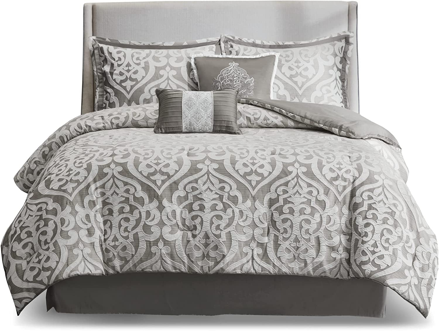 Tesla Cozy Comforter Set (Jacquard Damask Medallion Design) - Queen, Silver 6 Piece