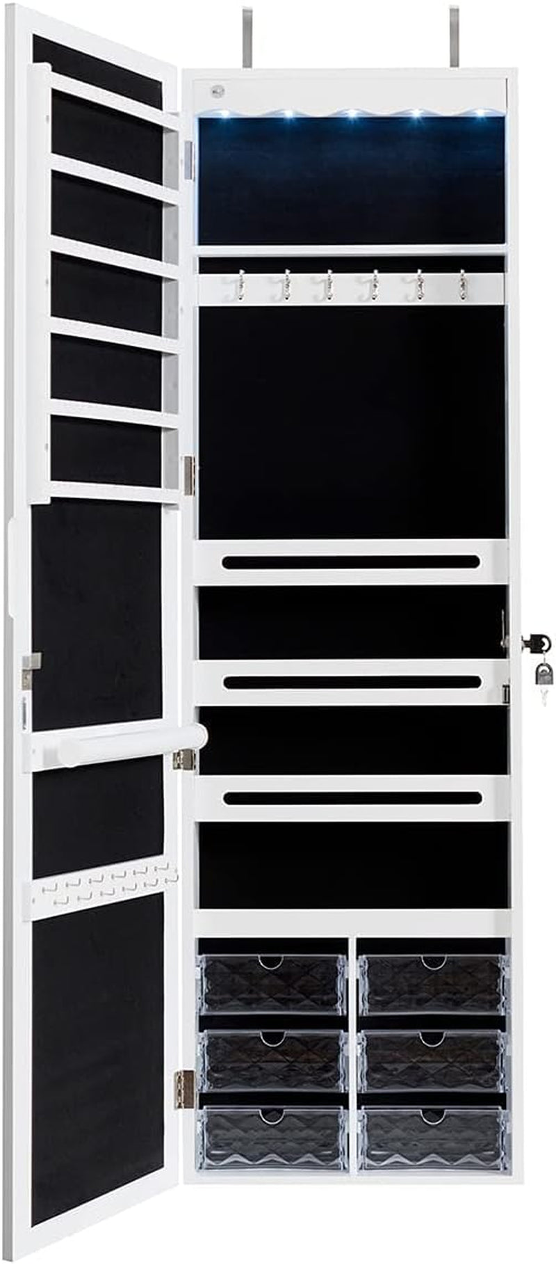 Jewelry Cabinet Armoire Lockable Jewelry Organizer with 47.5'' Full Length Mirror, 5 Lights, (White)