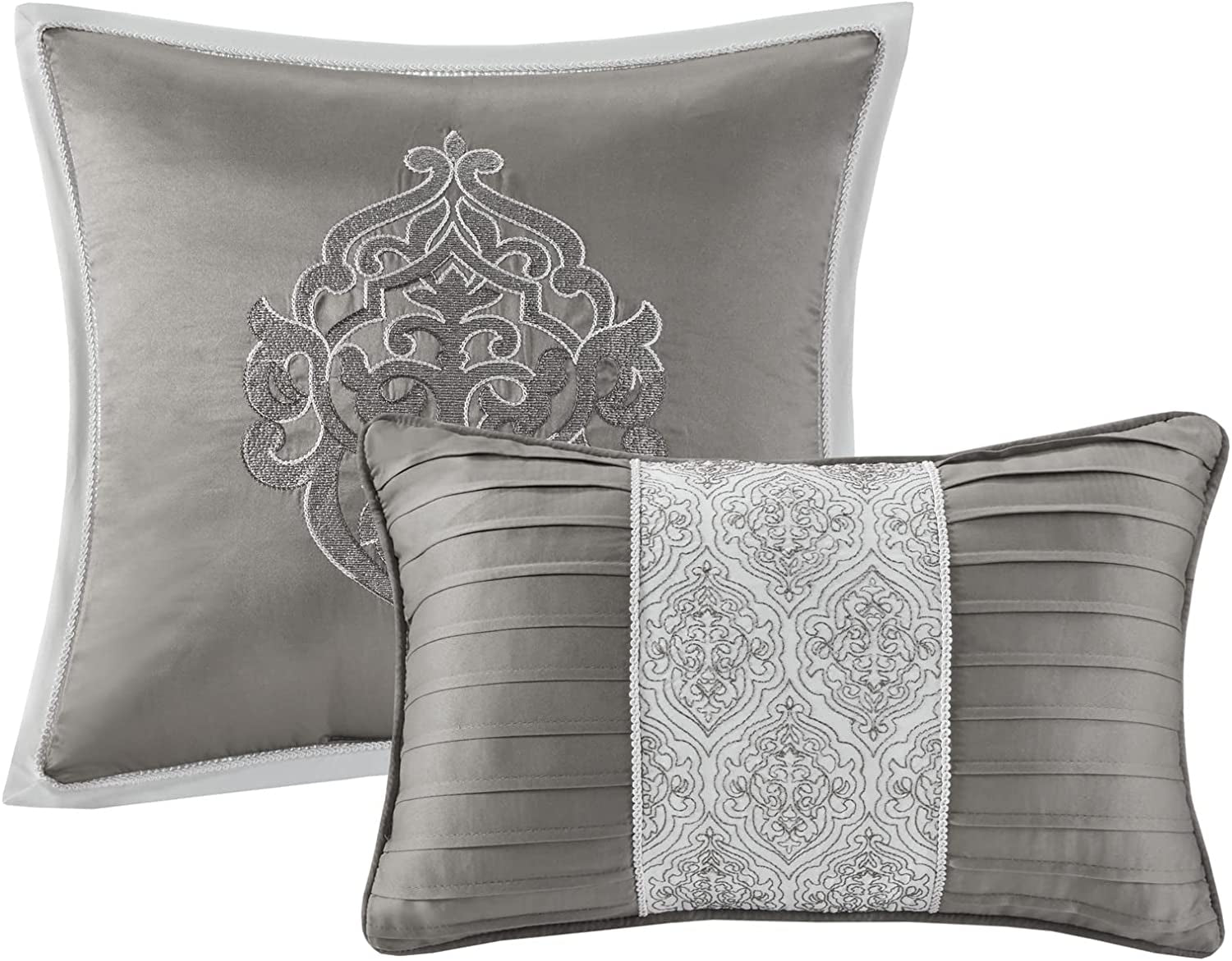 Tesla Cozy Comforter Set (Jacquard Damask Medallion Design) - Queen, Silver 6 Piece