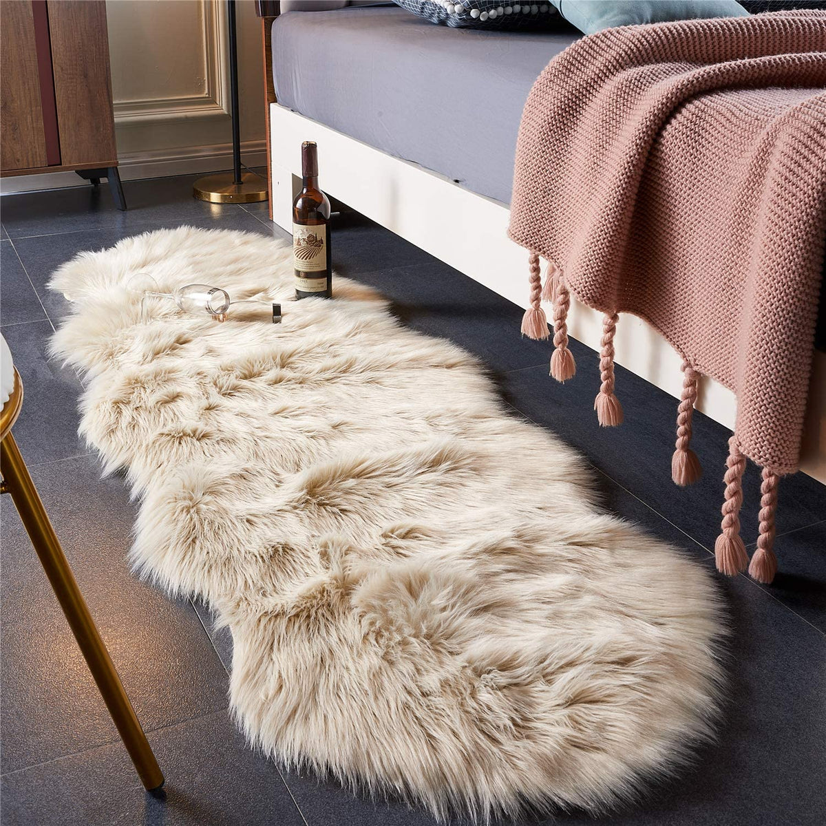 Luxurious Shaggy Faux Fur Area Rug for Bedroom and Living Room Decor - Beige (2' x 6')