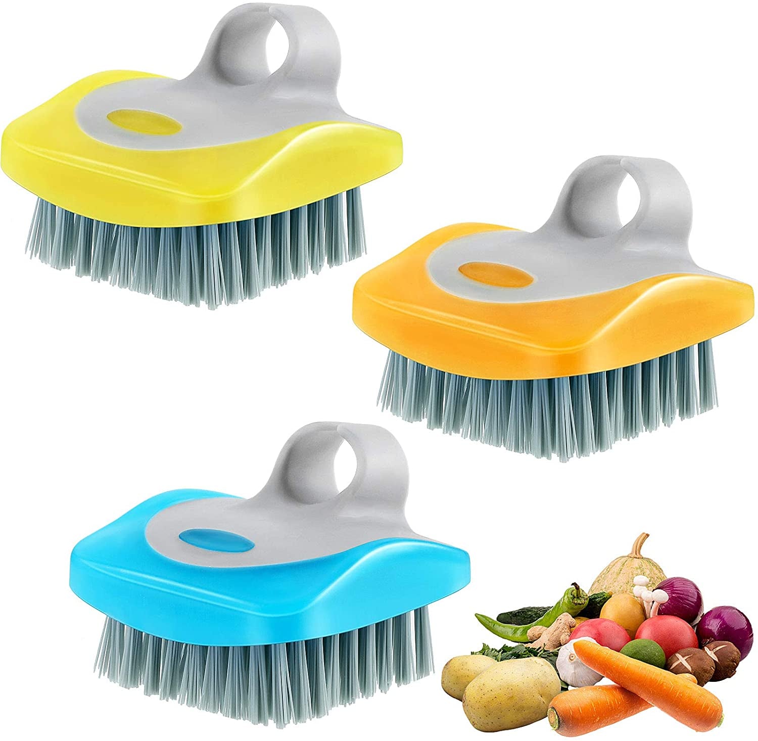 3-Piece Multi-Color Kitchen Brush Set for Vegetables and Fruits