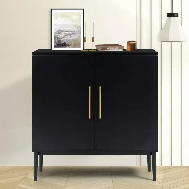 Black Accent Cabinet, Modern Free Standing Cabinet, Black Sideboard with Metal Base for Bedroom, Living Room, Kitchen and Office