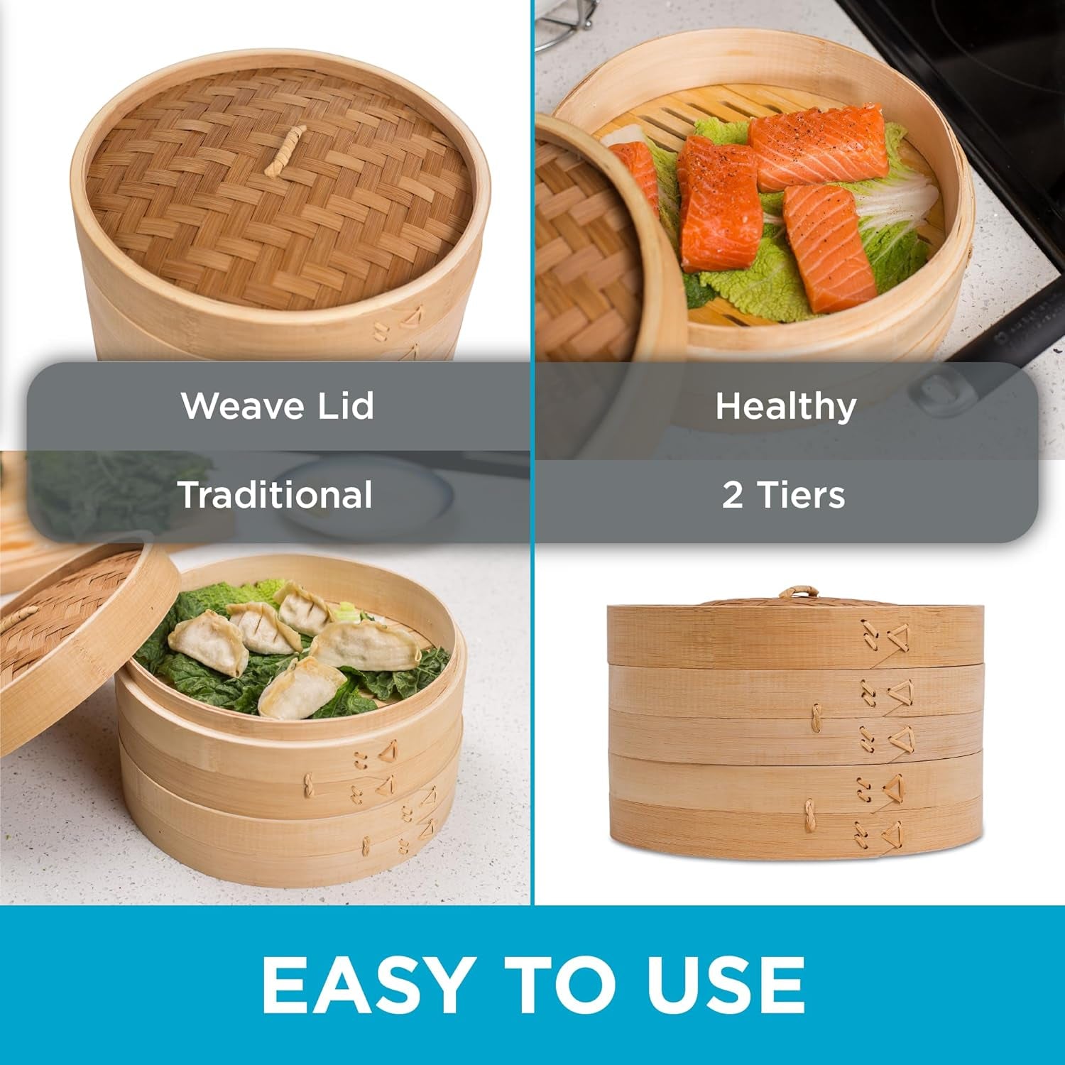 10-Inch Bamboo Steamer - Classic 2 Tier Design for Steaming 