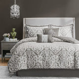 Tesla Cozy Comforter Set (Jacquard Damask Medallion Design) - Queen, Silver 6 Piece