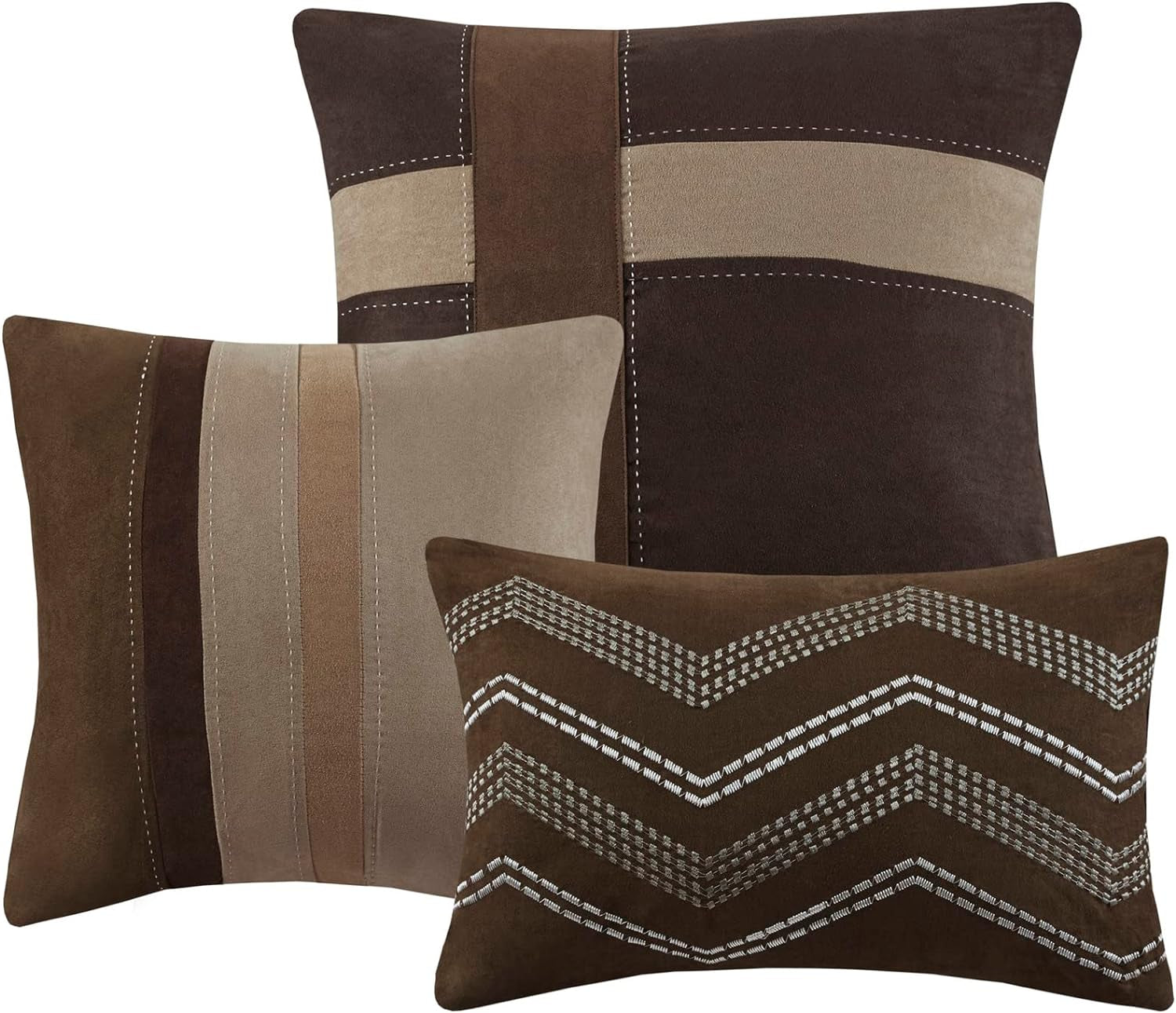 Palisades Comforter Set Modern Faux Suede Pieced Stripe Design, All Season down Alternative Cozy Bedding with Matching Shams, Decorative Pillows, Queen(90"X90"), Brown 7 Piece