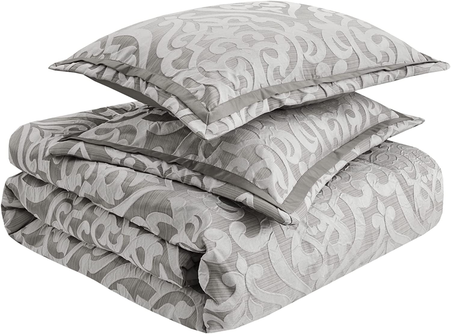 Tesla Cozy Comforter Set (Jacquard Damask Medallion Design) - Queen, Silver 6 Piece