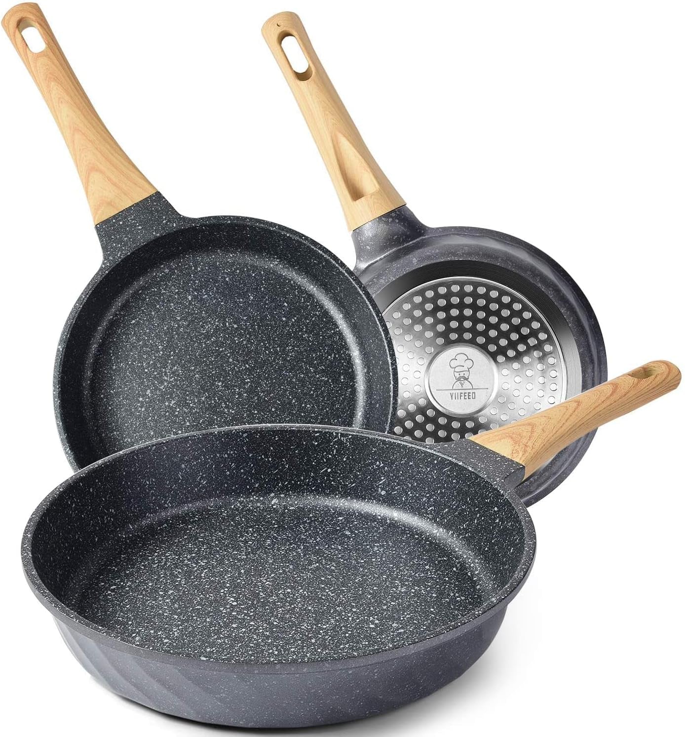 Induction Frying Pan Set Granite Skillet Pans Cookware Set with Heat-Resistant Handle, Christmas Gift