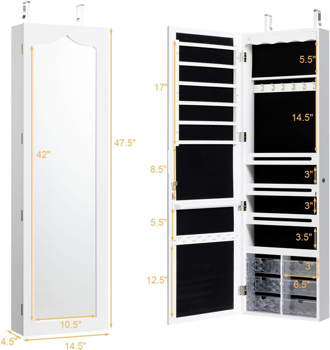 Jewelry Cabinet Armoire Lockable Jewelry Organizer with 47.5'' Full Length Mirror, 5 Lights, (White)