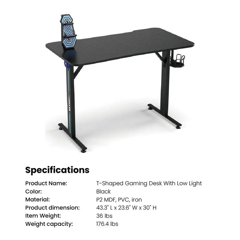 Costway-Gaming Desk, T-Shaped Computer Desk W/ Ergonomic Home Office Game Station with Carbon Fiber Surface