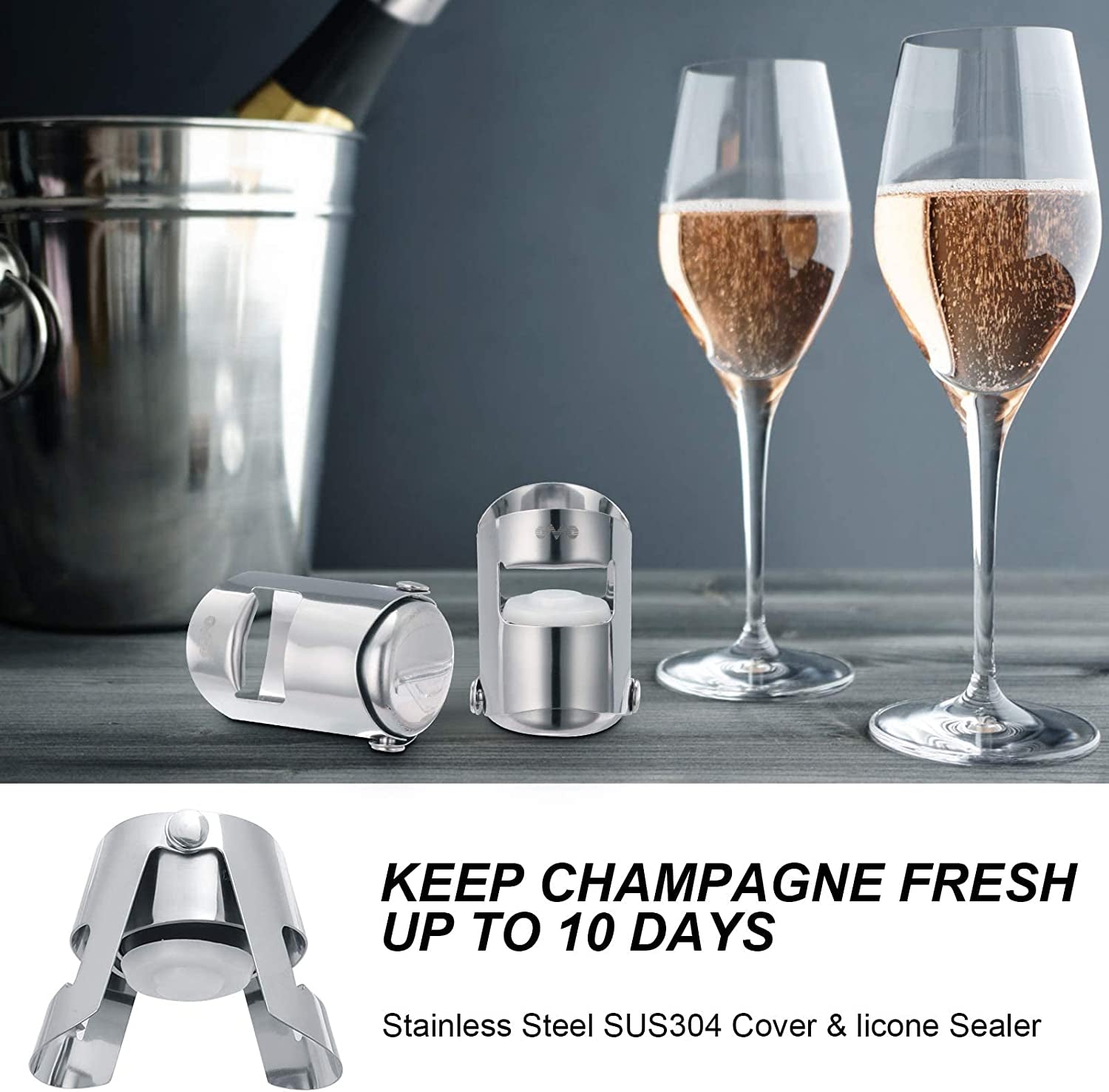 Champagne Stopper with Stainless Steel, Professional Bottle Sealer for Champagne, Cava, Prosecco & Sparkling Wine, Champagne Saver Plug, Compact Champagne Bottle Plug Set of 2