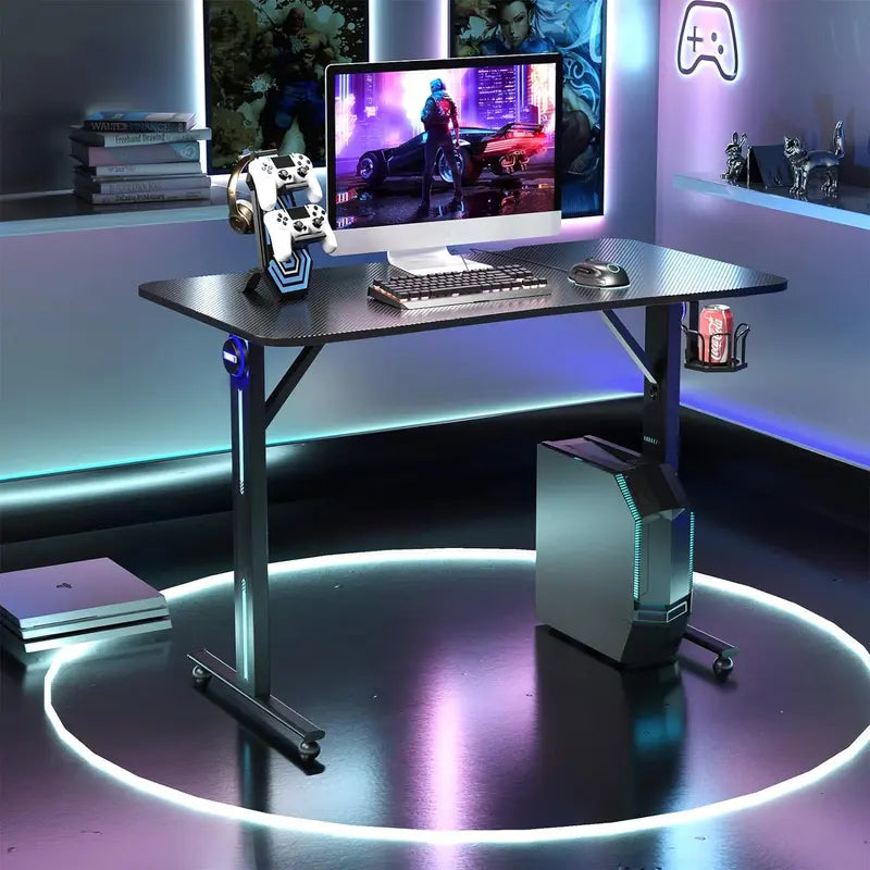 Costway-Gaming Desk, T-Shaped Computer Desk W/ Ergonomic Home Office Game Station with Carbon Fiber Surface