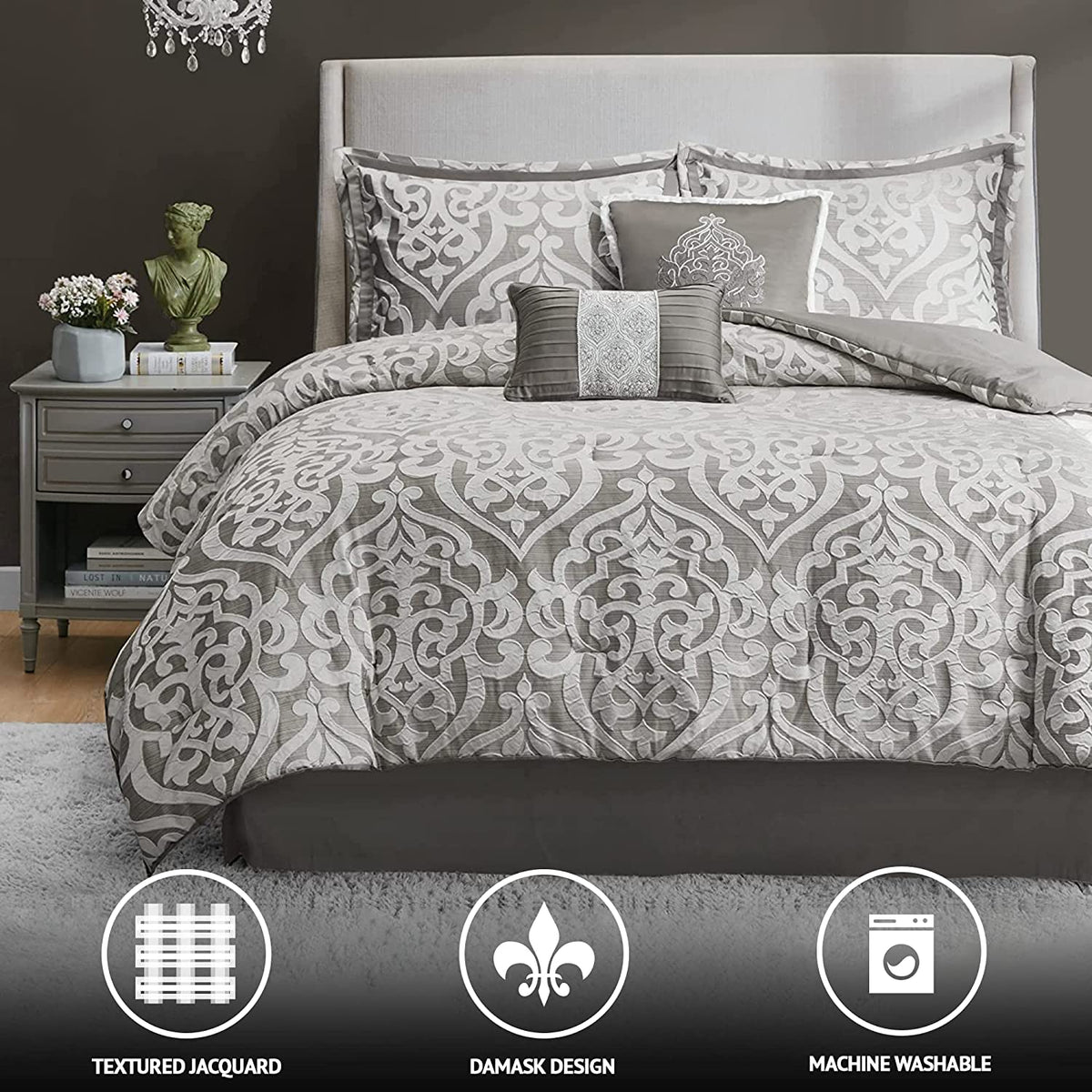 Tesla Cozy Comforter Set (Jacquard Damask Medallion Design) - Queen, Silver 6 Piece