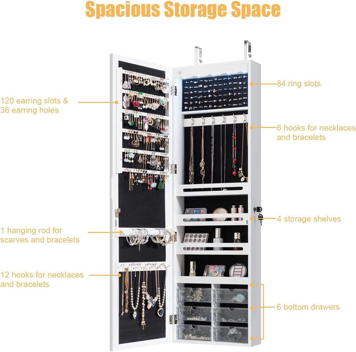 Jewelry Cabinet Armoire Lockable Jewelry Organizer with 47.5'' Full Length Mirror, 5 Lights, (White)