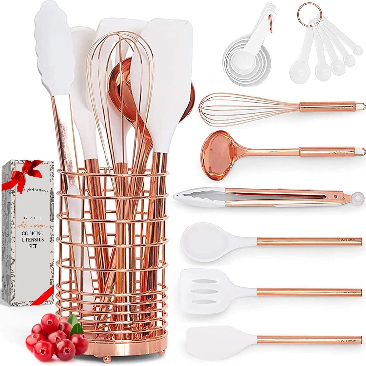 White Silicone & Copper Kitchen Utensils Set with Holder - 17 PC 