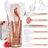 White Silicone & Copper Kitchen Utensils Set with Holder - 17 PC 