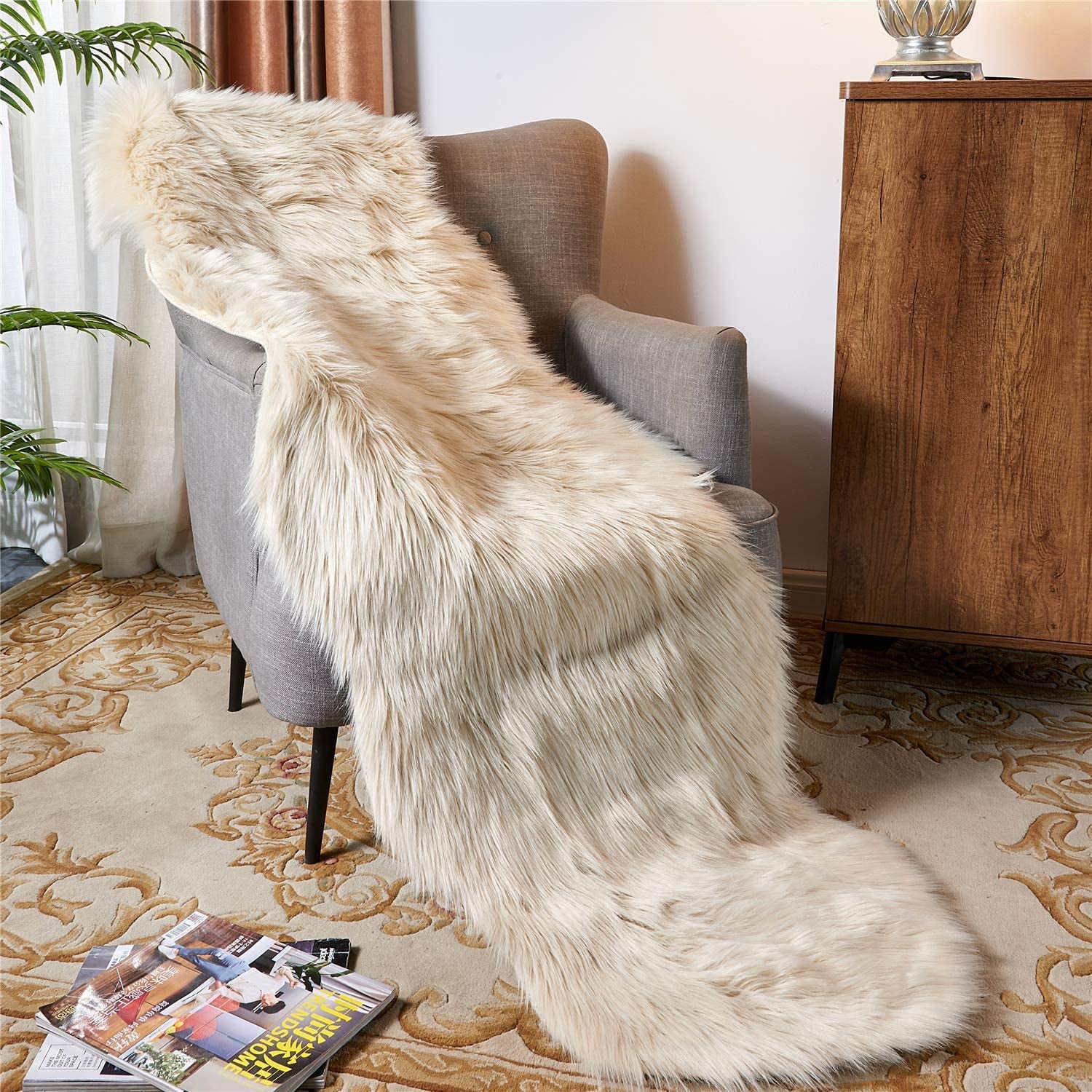 Luxurious Shaggy Faux Fur Area Rug for Bedroom and Living Room Decor - Beige (2' x 6')