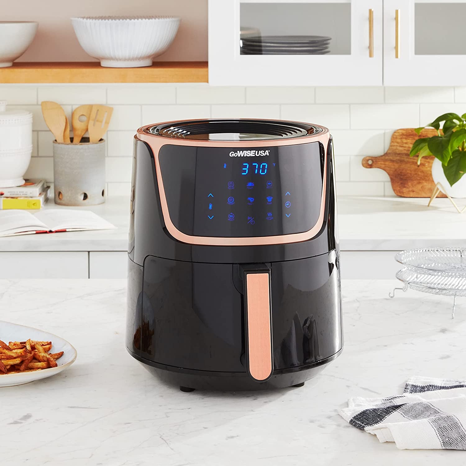 7-Quart Electric Air Fryer with Dehydrator with 3 Stackable Racks, Digital Touchscreen with 8 Functions & Recipes Black/Copper