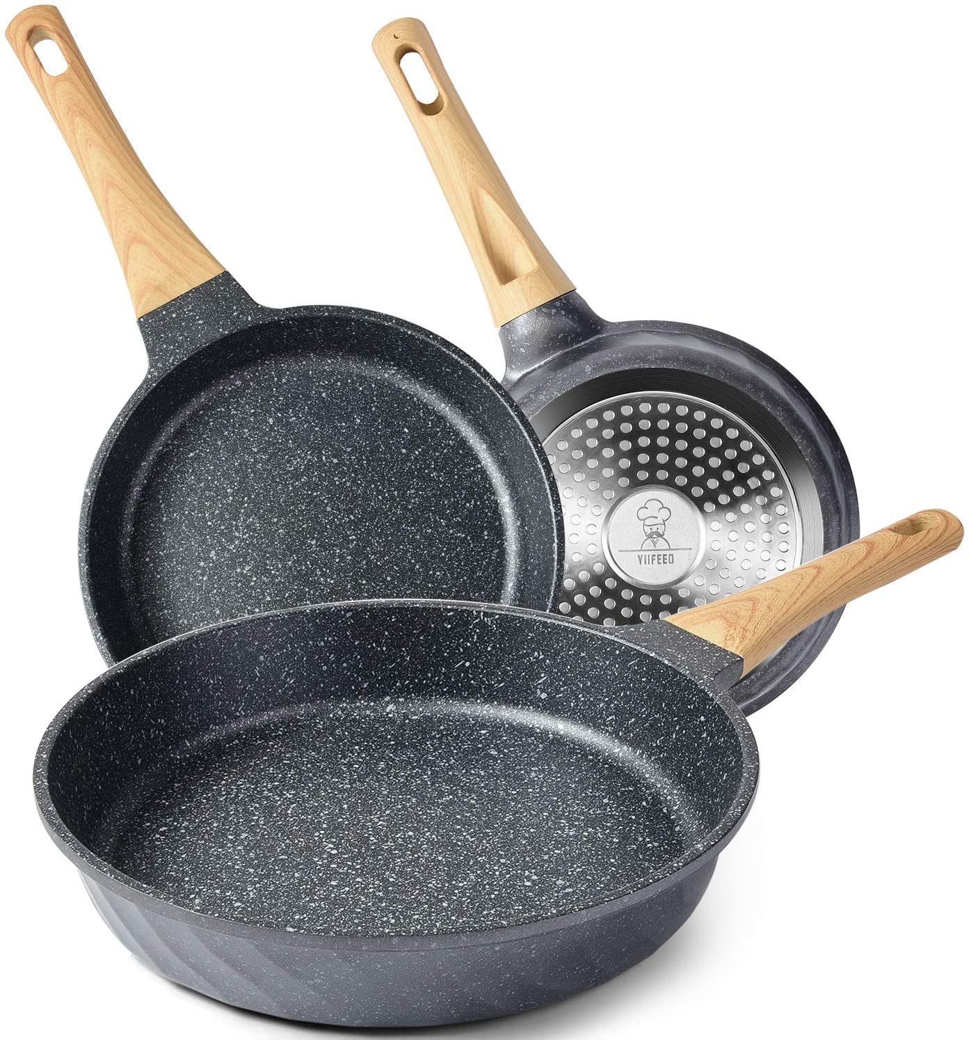 Induction Frying Pan Set Granite Skillet Pans Cookware Set with Heat-Resistant Handle, Christmas Gift