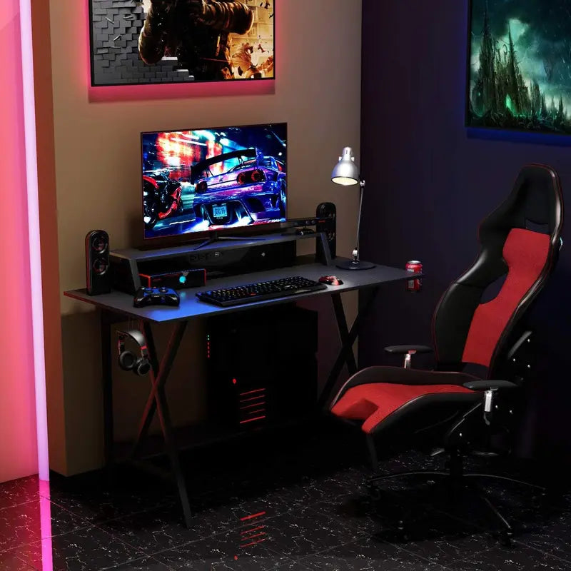 Costway-Gaming Desk, T-Shaped Computer Desk W/ Ergonomic Home Office Game Station with Carbon Fiber Surface